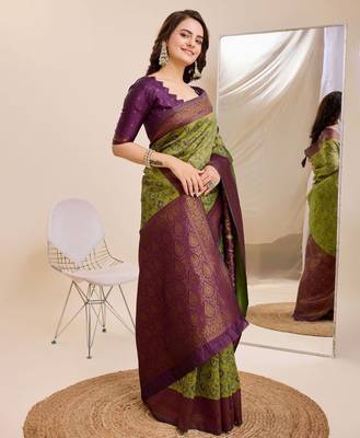 mehendiwine silk blend banarasi saree with unstitched blouse piece 1