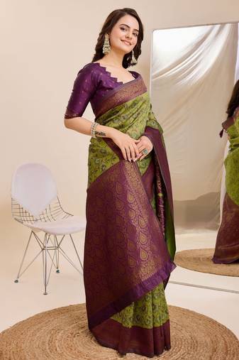 mehendiwine  soft art silk blend banarasi jacuard work designer party wear saree with unstitched blouse piece