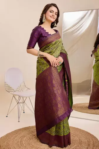 mehendiwine  soft art silk blend banarasi jacuard work designer party wear saree with unstitched blouse piece