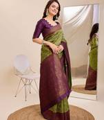 mehendiwine silk blend banarasi saree with unstitched blouse piece