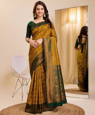 musturd green silk blend banarasi saree with unstitched blouse piece 2