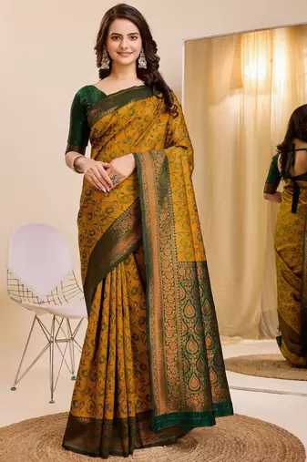 musturd green silk blend banarasi saree with unstitched blouse piece