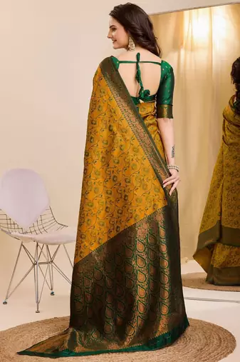 musturd green silk blend banarasi saree with unstitched blouse piece