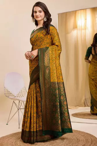 musturd green silk blend banarasi saree with unstitched blouse piece