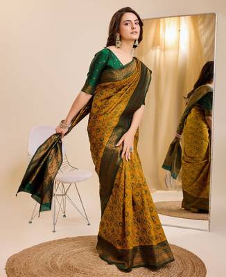 musturd green silk blend banarasi saree with unstitched blouse piece 1