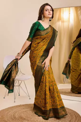 musturd green  soft art silk blend banarasi jacuard work designer party wear saree with unstitched blouse piece
