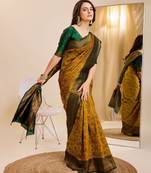 musturd green silk blend banarasi saree with unstitched blouse piece