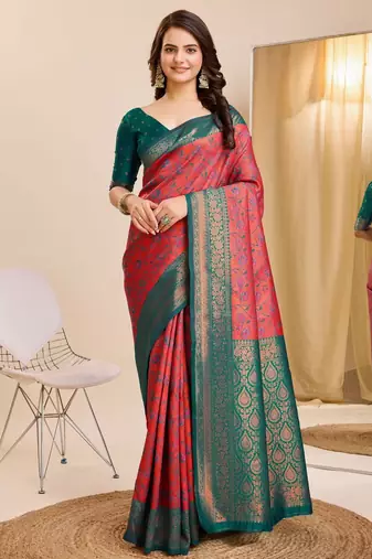 peach sky silk blend banarasi saree with unstitched blouse piece