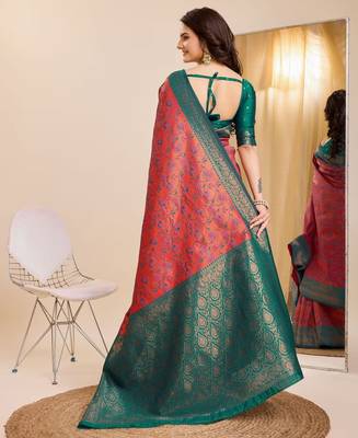 peach sky silk blend banarasi saree with unstitched blouse piece 3