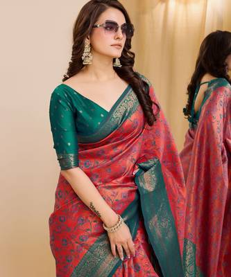 peach sky silk blend banarasi saree with unstitched blouse piece 1