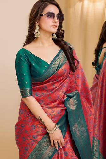 peach sky  soft art silk blend banarasi jacuard work designer party wear saree with unstitched blouse piece