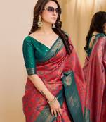 peach sky silk blend banarasi saree with unstitched blouse piece