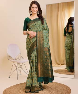 pista green silk blend banarasi saree with unstitched blouse piece 1