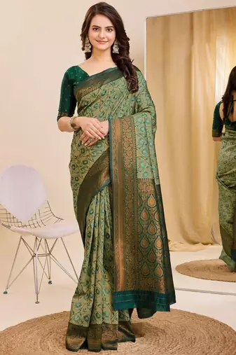 pista green  soft art silk blend banarasi jacuard work designer party wear saree with unstitched blouse piece