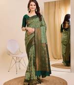 pista green  soft art silk blend banarasi jacuard work designer party wear saree with unstitched blouse piece
