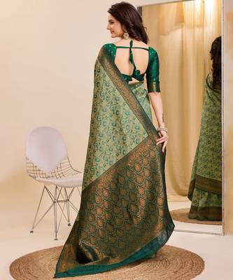 pista green silk blend banarasi saree with unstitched blouse piece 2