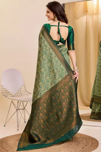 pista green silk blend banarasi saree with unstitched blouse piece
