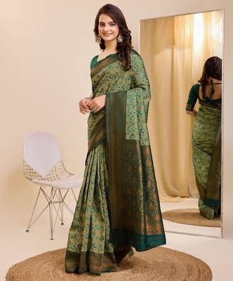 pista green silk blend banarasi saree with unstitched blouse piece 4
