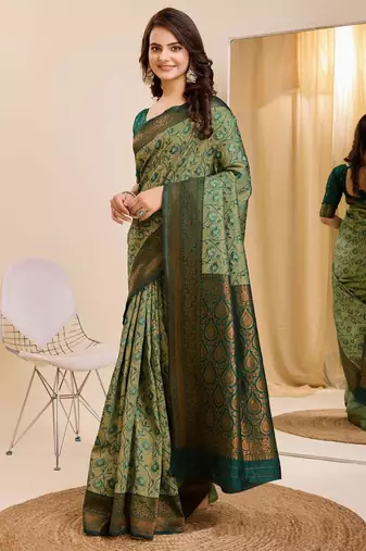 pista green silk blend banarasi saree with unstitched blouse piece