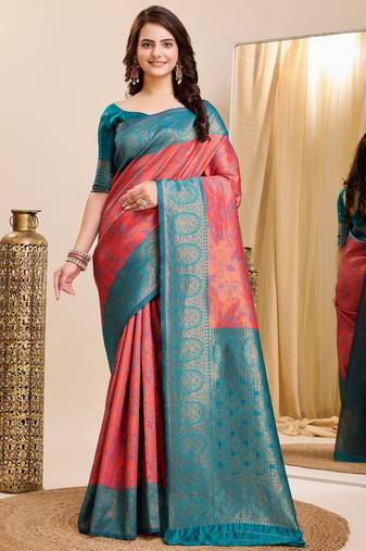 gajri rama  soft art silk blend banarasi jacuard work designer party wear saree with unstitched blouse piece