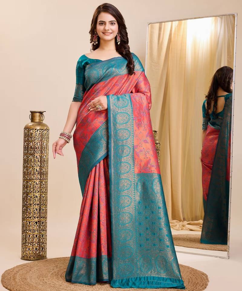 gajri rama  soft art silk blend banarasi jacuard work designer party wear saree with unstitched blouse piece