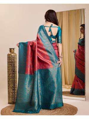 gajri rama silk blend banarasi saree with unstitched blouse piece 2