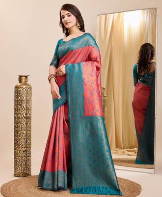 gajri rama silk blend banarasi saree with unstitched blouse piece 3