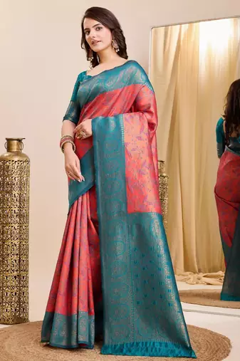 gajri rama silk blend banarasi saree with unstitched blouse piece