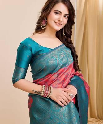 gajri rama silk blend banarasi saree with unstitched blouse piece 4