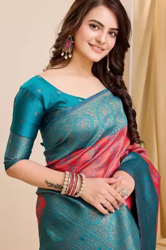 gajri rama silk blend banarasi saree with unstitched blouse piece