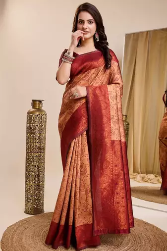 peach maroon  soft art silk blend banarasi jacuard work designer party wear saree with unstitched blouse piece