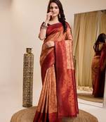 peach maroon  soft art silk blend banarasi jacuard work designer party wear saree with unstitched blouse piece