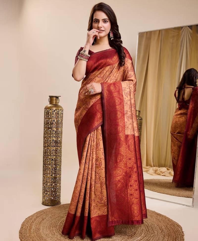 peach maroon  soft art silk blend banarasi jacuard work designer party wear saree with unstitched blouse piece
