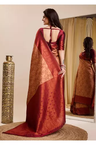 peach maroon silk blend banarasi saree with unstitched blouse piece