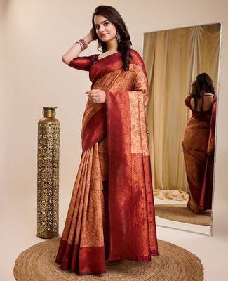 peach maroon silk blend banarasi saree with unstitched blouse piece 3