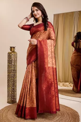 peach maroon silk blend banarasi saree with unstitched blouse piece