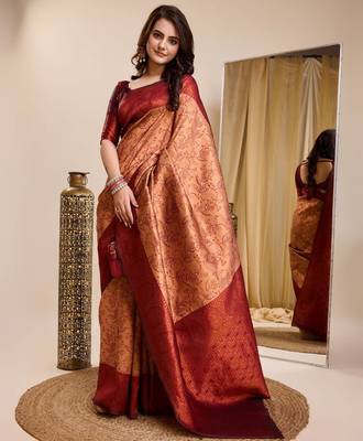 peach maroon silk blend banarasi saree with unstitched blouse piece 4