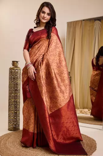 peach maroon silk blend banarasi saree with unstitched blouse piece