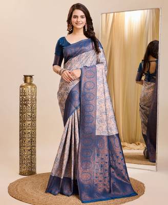 peach sky silk blend banarasi saree with unstitched blouse piece 1