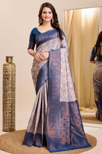 peach sky  soft art silk blend banarasi jacuard work designer party wear saree with unstitched blouse piece