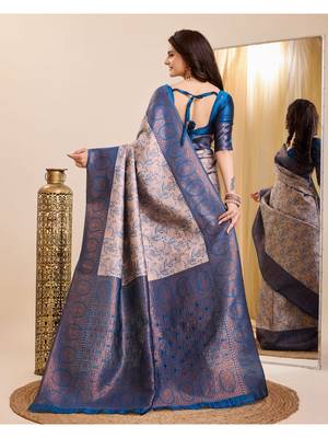 peach sky silk blend banarasi saree with unstitched blouse piece 2