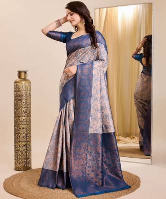 peach sky silk blend banarasi saree with unstitched blouse piece 3