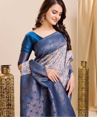 peach sky silk blend banarasi saree with unstitched blouse piece 4