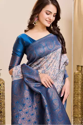 peach sky silk blend banarasi saree with unstitched blouse piece