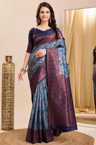 sky blue  soft art silk blend banarasi jacuard work designer party wear saree with unstitched blouse piece