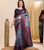 sky blue  soft art silk blend banarasi jacuard work designer party wear saree with unstitched blouse piece