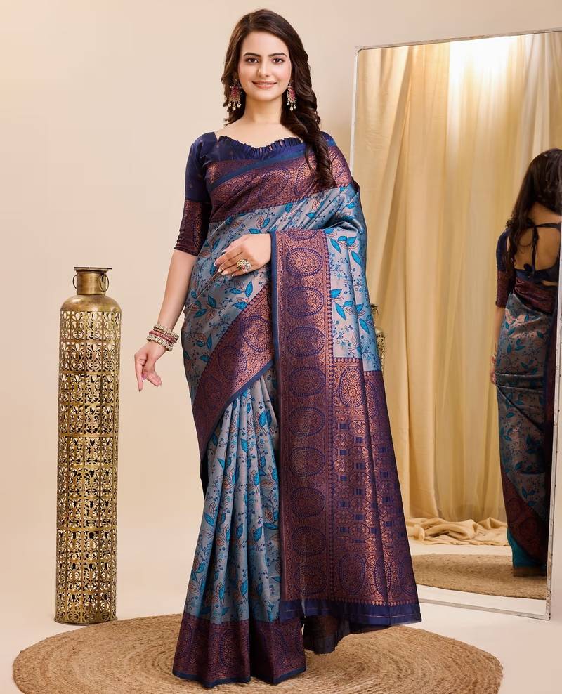 sky blue  soft art silk blend banarasi jacuard work designer party wear saree with unstitched blouse piece