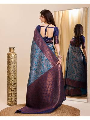 sky blue silk blend banarasi saree with unstitched blouse piece 2