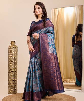 sky blue silk blend banarasi saree with unstitched blouse piece 3