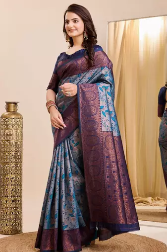 sky blue silk blend banarasi saree with unstitched blouse piece